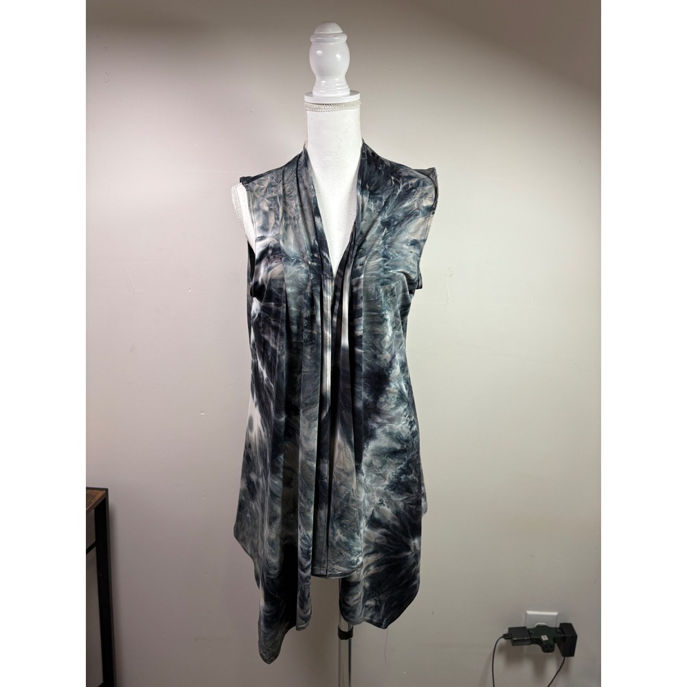 Popana Womens 2X Tie Dye Open Front Vest Black Gray Sleeveless Cardigan USA